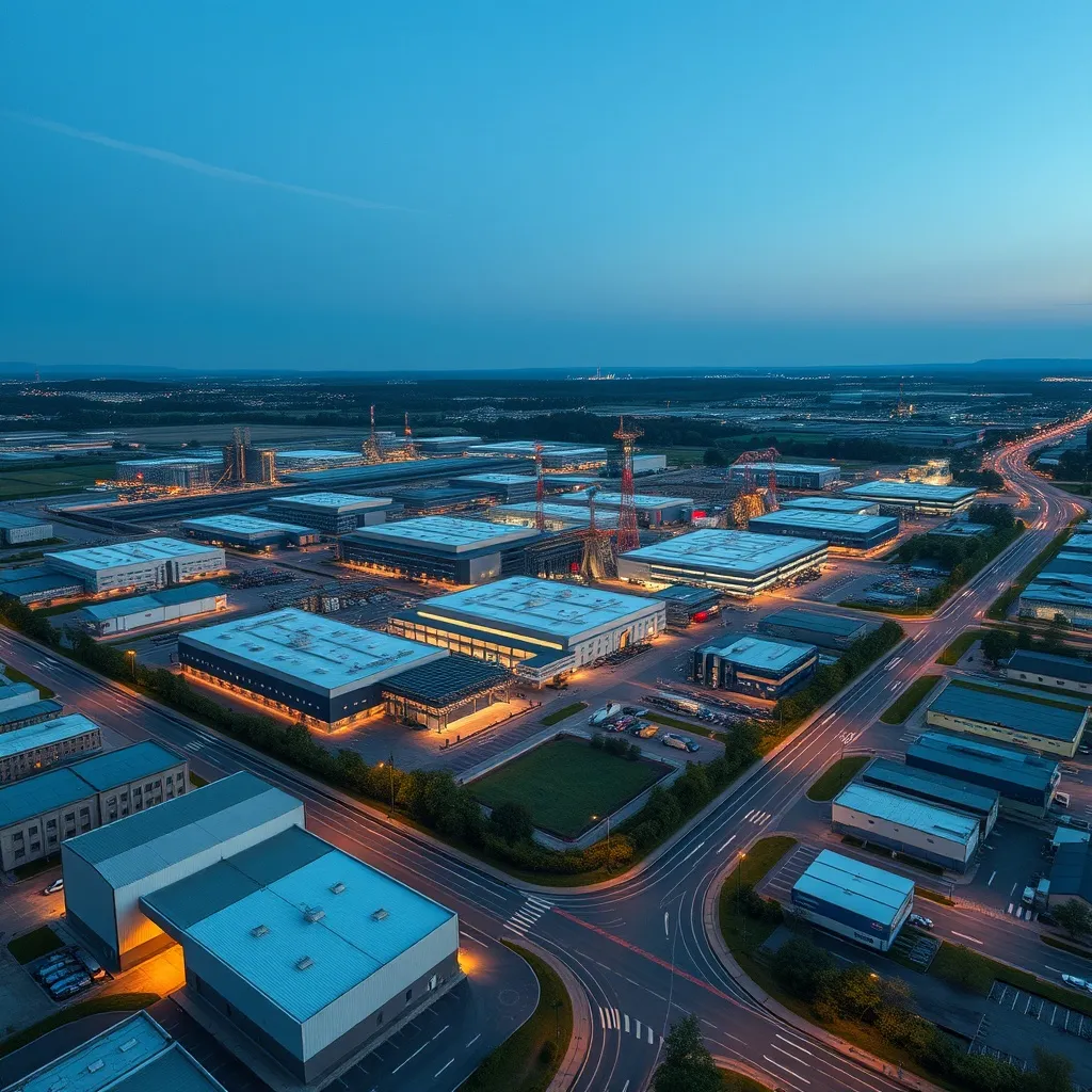 Aerial view of a modern industrial zone in Miskolc, Hungary,